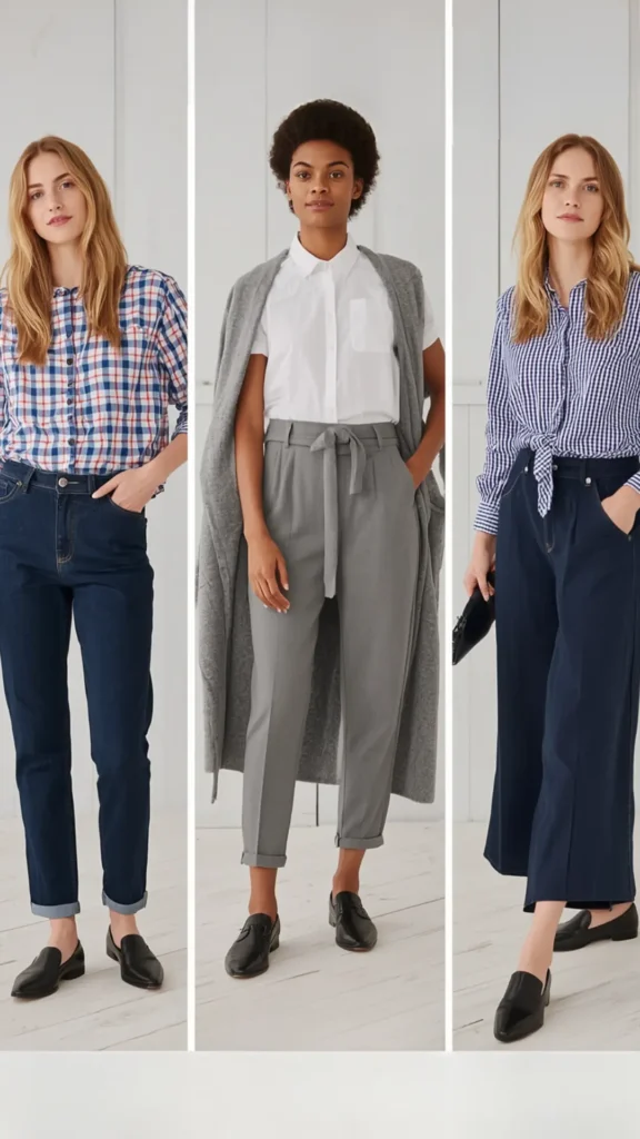 A three-panel photo collage featuring three stylish outfit ideas for a women's fashion Capsule Wardrobe. Models showcase versatile everyday looks styled with classic black loafers: a red-and-blue plaid button-down tucked into cuffed dark jeans; a white short-sleeve collared shirt paired with grey tie-waist trousers and a long grey cardigan; and a blue gingham front-tie blouse with navy wide-leg pants. An ideal visual guide for chic casual workwear and minimalist closet rotation.