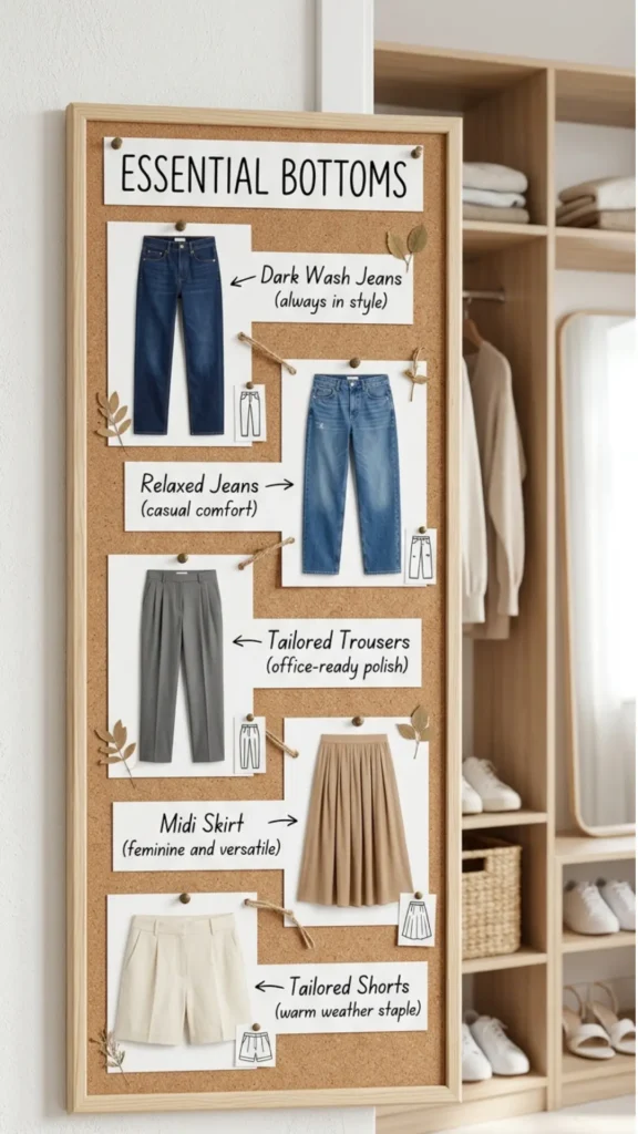 A cork mood board graphic titled "ESSENTIAL BOTTOMS" detailing five key bottom pieces for a women's fashion Capsule Wardrobe, set beside a minimalist wooden closet. Pinned illustrations include dark wash jeans, relaxed medium-wash denim, grey tailored trousers, a beige pleated midi skirt, and cream tailored shorts, each accompanied by small labels and line sketches. An ideal visual guide for planning versatile everyday outfits, workwear essentials, and building a functional closet.