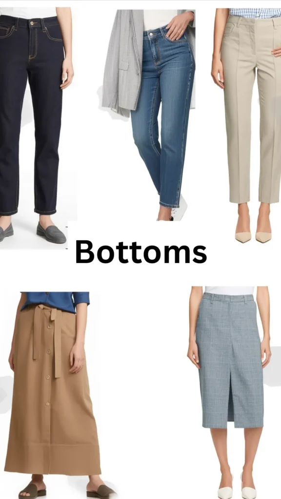 A Pinterest pin graphic titled "Bottoms" showcasing essential lower-body pieces for a women's fashion Capsule Wardrobe. Features five versatile options on models set against a plain background: dark wash jeans with grey loafers, medium blue denim with a light blazer, beige tailored trousers with nude pumps, a tan button-front tie-belt midi skirt with slides, and a grey plaid pencil skirt with a front slit. An ideal visual guide for mixing and matching everyday bottoms and closet staples.