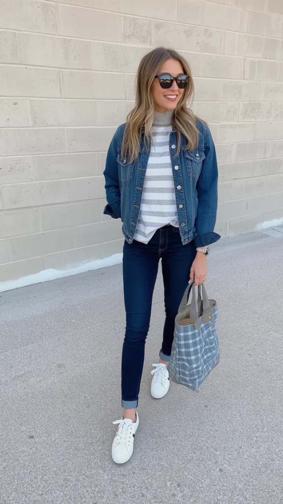 A smiling woman walking outdoors showcasing a chic casual look for a women's fashion Capsule Wardrobe. She wears a classic medium-wash denim jacket layered over a grey and white striped turtleneck top, paired with dark wash skinny jeans, fresh white sneakers, dark sunglasses, and a grey plaid tote bag. An ideal visual guide for everyday casual outfit ideas, effortless layering with wardrobe staples, and comfortable minimalist street style.