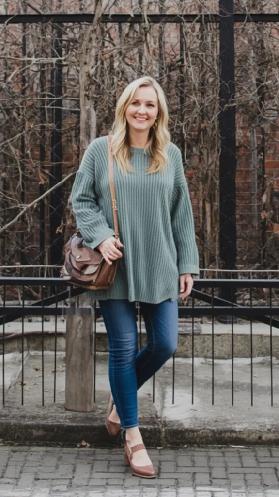 A smiling blonde woman posing outdoors in a comfortable casual outfit for a women's fashion Capsule Wardrobe. She wears an oversized sage green ribbed knit sweater paired with slim dark blue denim jeans, tan leather strap block-heel pumps, and a brown leather crossbody bag. Set against an urban fence backdrop, this cozy look serves as an ideal visual guide for everyday casual style, fall sweater outfits, effortless weekend wear, and building a versatile minimalist closet collection.