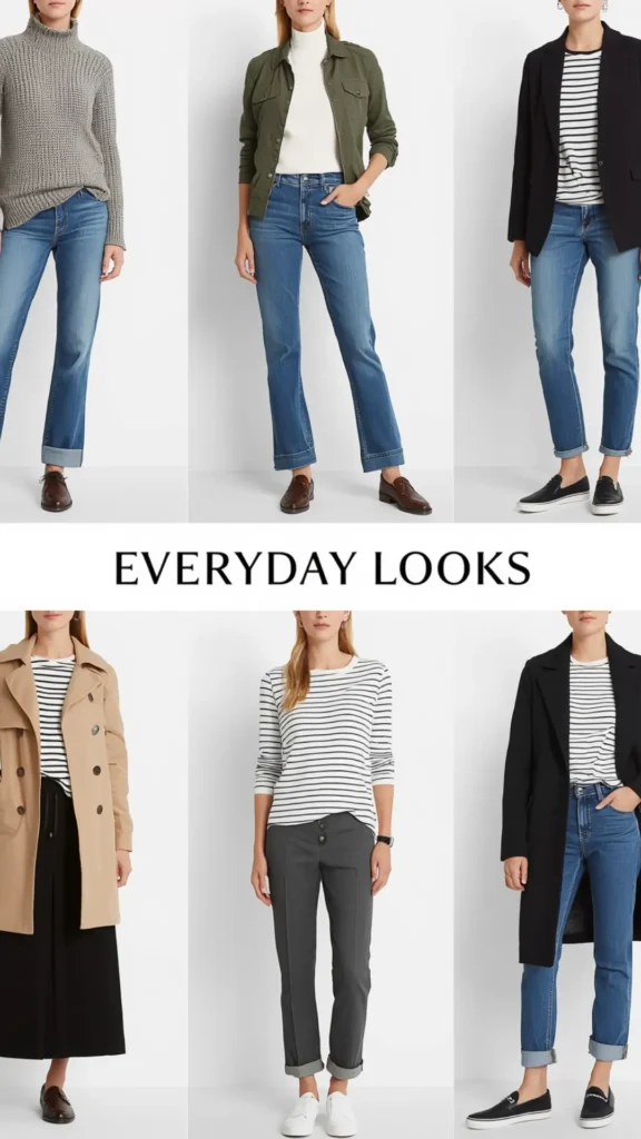 A six-panel grid collage titled "EVERYDAY LOOKS" demonstrating versatile daily outfit formulas for a women's fashion Capsule Wardrobe. Features models styling core closet staples: striped long-sleeve tees, blue cuffed denim jeans, an olive utility jacket, a beige trench coat, a black blazer, grey trousers, and a long coat. Styled with easy footwear like brown loafers, black slip-on sneakers, and white shoes. An ideal visual guide for minimalist, effortless casual outfit planning.