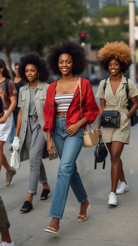 A vibrant street style photo of three fashionable Black women walking down an urban sidewalk, showcasing versatile outfit ideas for a women's fashion Capsule Wardrobe. The center model wears a bright red jacket, striped crop top, high-waisted denim jeans, and strappy slide heels. The woman on the left wears a monochrome grey outfit featuring a long vest, t-shirt, and relaxed trousers. The woman on the right wears a beige utility shirt dress with white sneakers and a quilted bag.