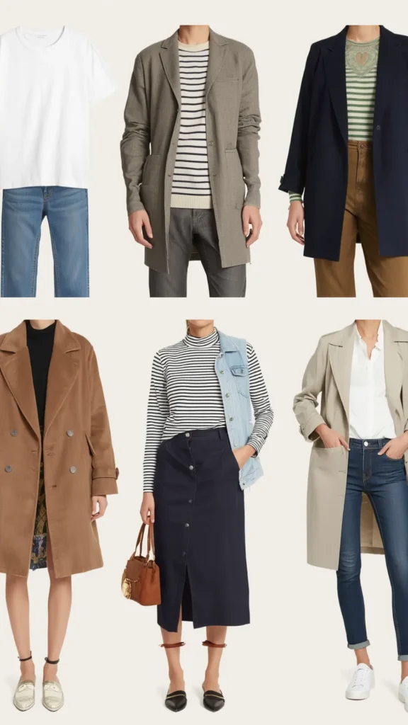 A six-panel photo collage featuring casual outfit ideas for a women's fashion Capsule Wardrobe. Outfits display effortless weekend style and versatile layering: a plain white tee with blue jeans; a taupe coat over a striped sweater; a navy jacket with brown trousers; a camel double-breasted coat over metallic loafers; a striped turtleneck with a denim vest and navy button-front midi skirt; and a beige trench coat over a white shirt and dark jeans with sneakers. Ideal guide for minimalist style.