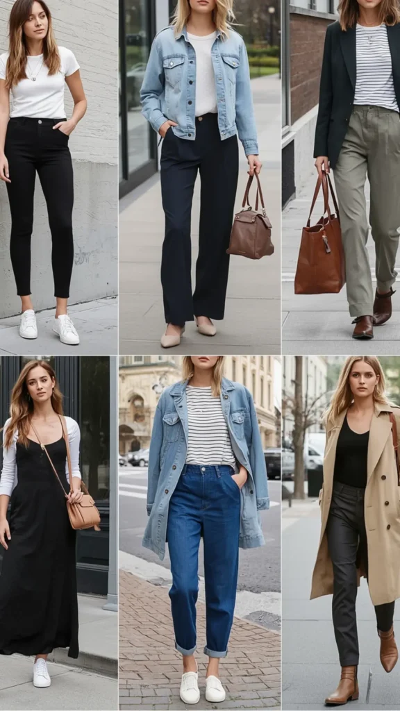 A six-panel photo collage featuring casual and weekend outfit inspiration for a women's fashion Capsule Wardrobe. The street style looks show versatile neutral staples: white t-shirts, striped tops, black skinny pants, high-waisted denim jeans, olive trousers, denim jackets, a classic beige trench coat, and a black jumpsuit. Accessories include white sneakers, leather tote bags, and brown ankle boots. An ideal visual guide for chic, effortless everyday style and minimalist wardrobe ideas.