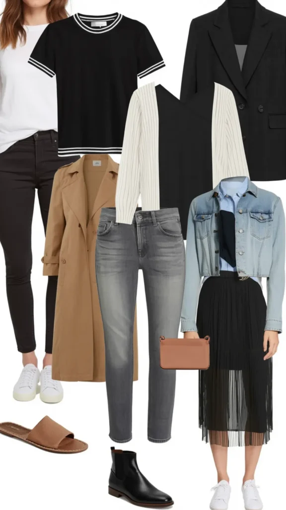 A Pinterest pin graphic featuring casual weekend outfit ideas for a women's fashion Capsule Wardrobe. Displays a versatile mix of neutral staples, including a basic white tee, black sporty top, cream striped cardigan, black blazer, long camel trench coat, and a cropped denim jacket. Styled with black skinny jeans, grey slim jeans, a black pleated midi skirt, white sneakers, tan slides, and black ankle boots. An ideal guide for off-duty minimalist style planning and easy everyday layering.