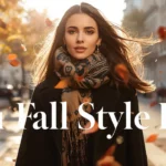 A Pinterest pin graphic with white text overlay reading "You Fall Style Edit" showcasing chic autumn outfit inspiration for a women's fashion Capsule Wardrobe. Set on a sunlit city street with swirling orange autumn leaves, a brunette model walks forward wearing a black coat and a cozy patterned scarf around her neck. An ideal visual guide for fall street style, seasonal layering ideas, and building a sophisticated, minimalist autumn closet collection.