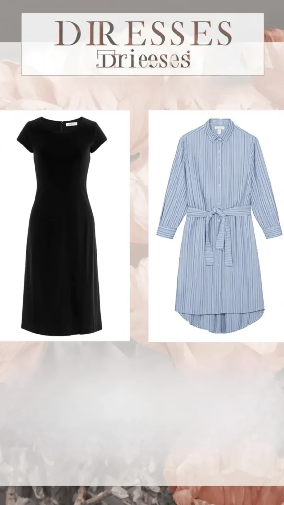 A Pinterest pin graphic titled "DRESSES" featuring two essential dress styles for a women's fashion Capsule Wardrobe. Displayed side-by-side against a soft floral background are a timeless black short-sleeved knee-length dress and a light blue vertical-striped long-sleeve shirt dress with a waist tie belt. An ideal visual guide for versatile day-to-night outfit planning, effortless summer dress styling, and building a flexible minimalist closet collection.