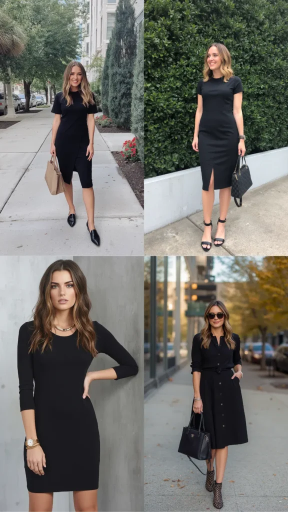 A four-panel grid highlighting chic women's fashion styling with a versatile black dress, perfect for a modern Capsule Wardrobe. Top left: Woman in a black wrap dress with black loafers and a beige tote. Top right: Woman wearing a black slit dress with strappy heels and a black handbag. Bottom left: Close-up of a 3/4-sleeve black dress paired with a gold chain necklace. Bottom right: Chic street style featuring a belted black shirt dress, dark sunglasses, leather tote, and patterned booties.