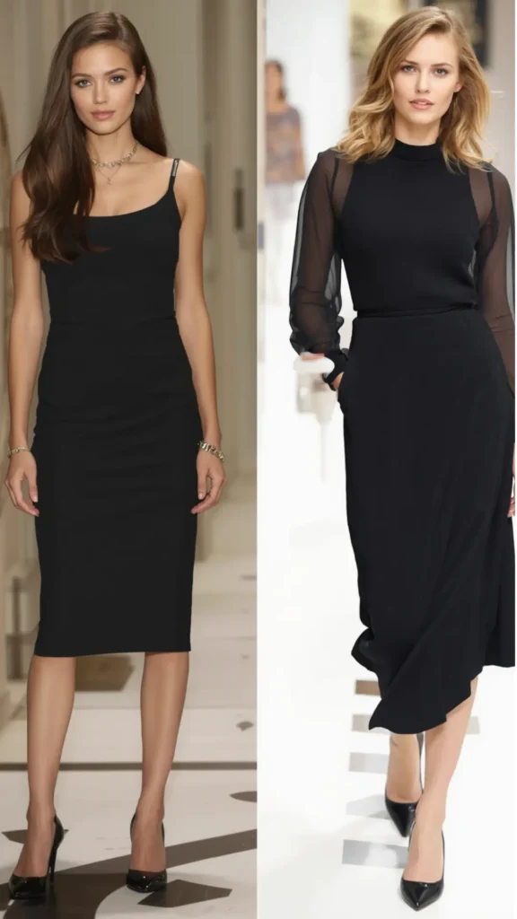 A two-panel photo grid showcasing classic Little Black Dress staples for a versatile women's fashion Capsule Wardrobe. On the left, a brunette model wears a sleek, fitted black strap knee-length dress paired with black heels and silver jewelry. On the right, a blonde model wears an elegant high-neck black dress featuring long sheer mesh sleeves and black pointed pumps. An ideal visual reference for chic evening wear, formal outfit planning, and timeless elegant wardrobe essentials.