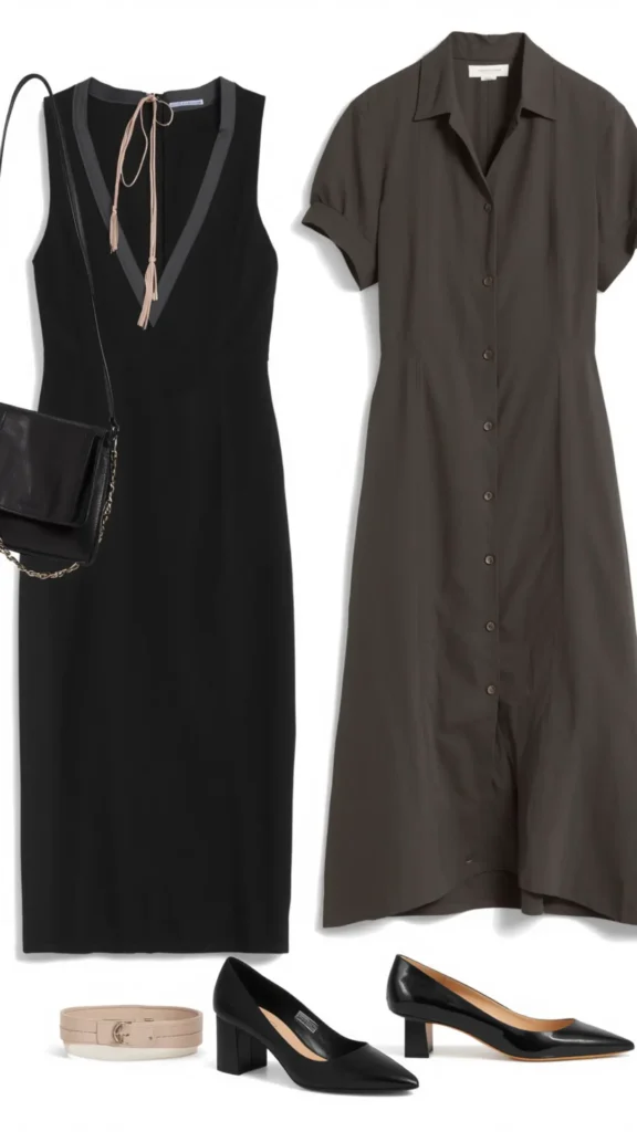 A flat-lay layout showcasing two elegant dress outfits for a women's fashion Capsule Wardrobe. Displayed on a white background: a sleeveless black V-neck midi dress with a black crossbody bag, beige belt, and black pumps on the left, alongside a dark olive short-sleeve button-front shirt dress with black pointed-toe heels on the right. An ideal visual guide for versatile dress staples, chic day-to-night outfit planning, and minimalist closet essentials.