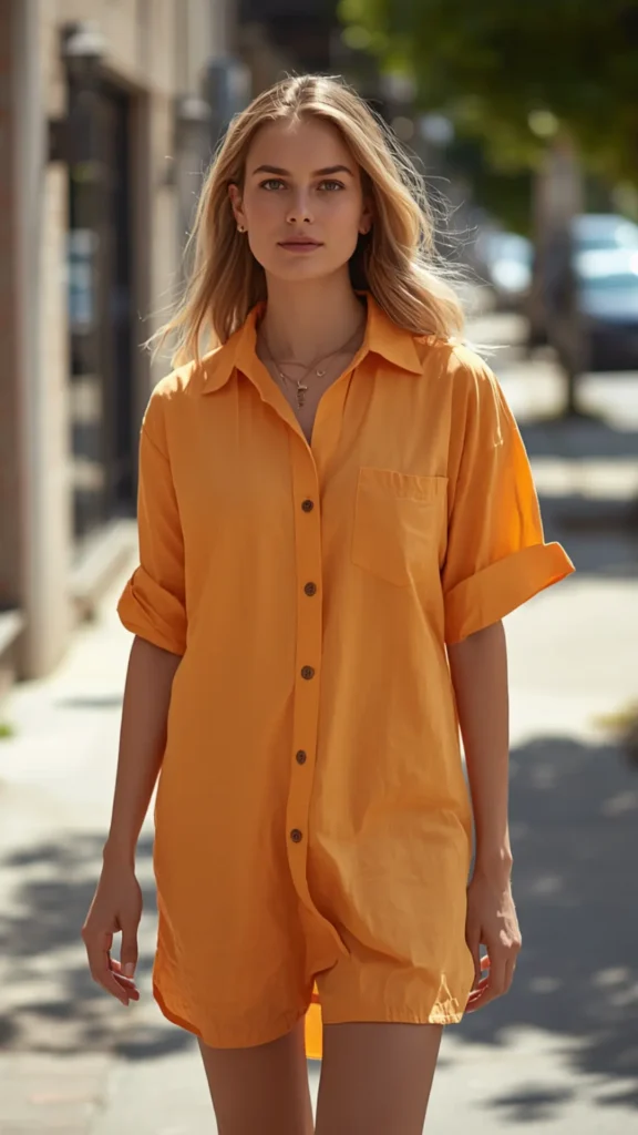 Stylish street style photo showcasing a vibrant orange shirt dress as a versatile dress staple for a summer Capsule Wardrobe. A blonde woman walks along a sunlit urban sidewalk wearing a short-sleeved, button-down mustard orange shirt dress featuring cuffed sleeves, front pockets, and delicate gold layered necklaces. An inspiring visual guide for effortless women's fashion, warm-weather styling, minimalist summer aesthetic, and chic everyday outfits.