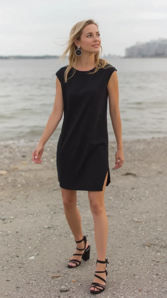 A blonde woman walking on a pebbled beach showcasing a versatile little black dress for a women's fashion Capsule Wardrobe. She wears a sleeveless black shift dress featuring a subtle side slit, paired with black strappy block-heeled sandals and round statement drop earrings. Set against a soft coastal background, this look offers an ideal visual guide for styling a classic LBD, effortless day-to-night outfit transition, and building a flexible minimalist closet collection.