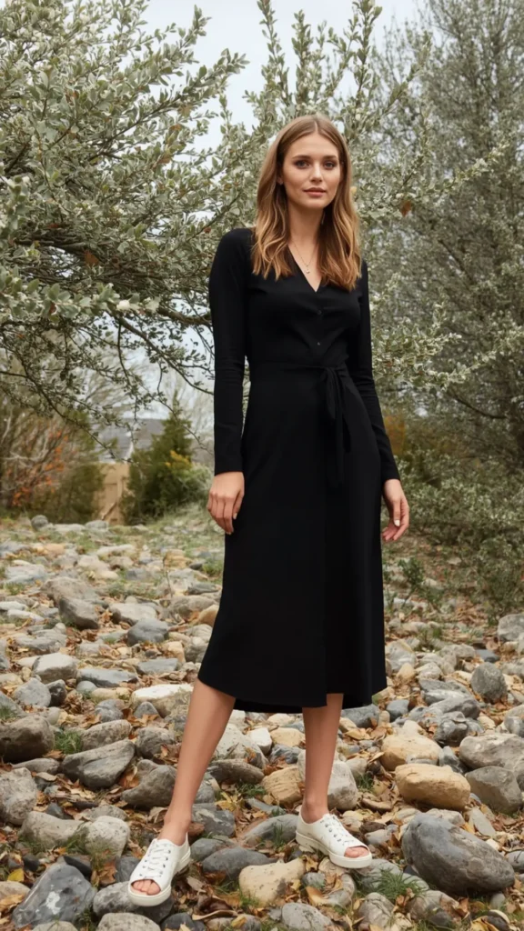 A blonde woman models a versatile women's fashion staple in an outdoor rocky setting. She is wearing an elegant black, long-sleeved, button-up midi dress with a V-neck and tie waist. This timeless LBD is a perfect foundation piece for building a Capsule Wardrobe. She is standing on smooth stones among dry leaves with sparse trees in the background, completing the look with casual white leather platform sandals.

