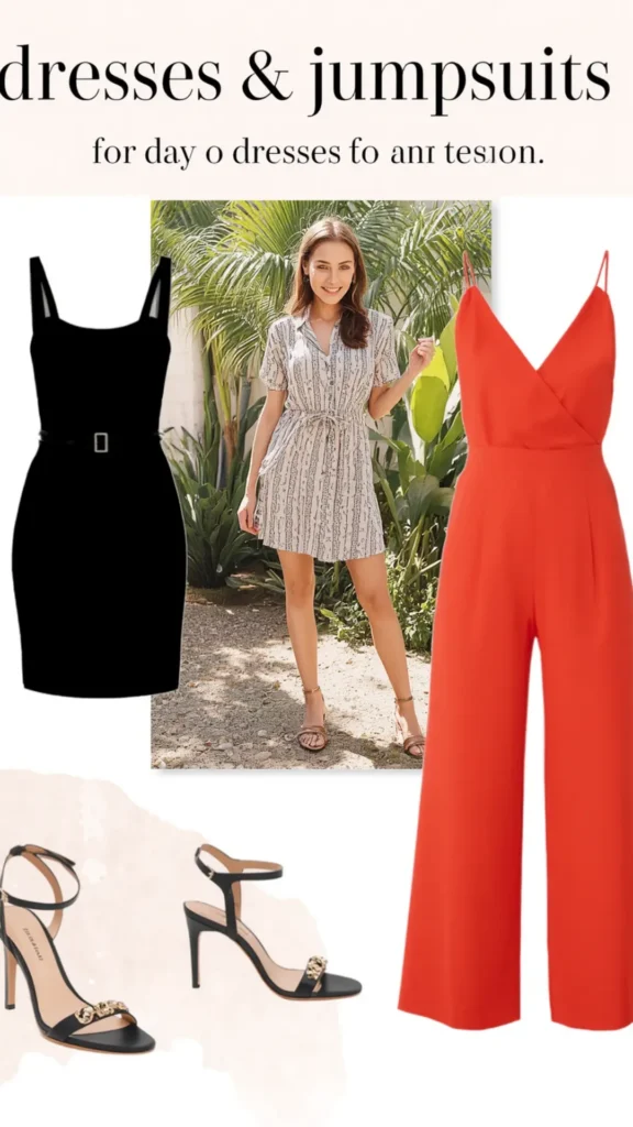 A Pinterest pin graphic titled "Dresses & Jumpsuits" showcasing one-piece outfit options for a women's fashion Capsule Wardrobe. On the left, a sleek black belted sleeveless dress is shown with black high-heeled sandals featuring gold accents. Center shows a model in a tropical garden wearing a casual printed short-sleeve shirt dress. On the right, a vibrant red V-neck wide-leg jumpsuit adds a bold pop of color. An ideal visual guide for versatile day-to-night closet staples.