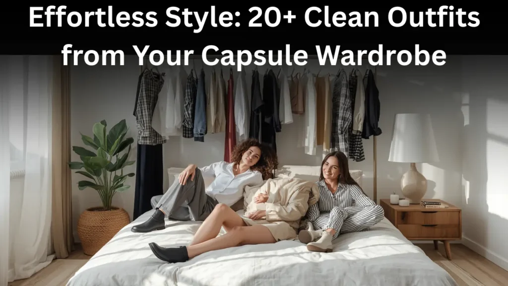 A Pinterest pin graphic titled "Effortless Style: 20+ Clean Outfits from Your Capsule Wardrobe" showing women relaxing on a white bed in a bright, modern room. Behind them hangs a curated rack of minimalist women's fashion essentials including blouses, shirts, and jackets. The women wear stylish neutral outfits with black and white boots, surrounded by clean decor with a potted plant and bedside lamp. An ideal visual guide for effortless outfit ideas, minimalist styling, and building a functional closet.