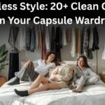 A Pinterest pin graphic titled "Effortless Style: 20+ Clean Outfits from Your Capsule Wardrobe" showing women relaxing on a white bed in a bright, modern room. Behind them hangs a curated rack of minimalist women's fashion essentials including blouses, shirts, and jackets. The women wear stylish neutral outfits with black and white boots, surrounded by clean decor with a potted plant and bedside lamp. An ideal visual guide for effortless outfit ideas, minimalist styling, and building a functional closet.