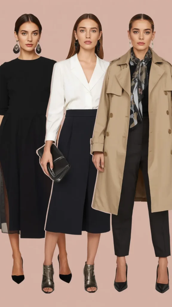 Three elegant models standing side-by-side showcasing sophisticated outfit ideas for a women's fashion Capsule Wardrobe. On the left, a model wears a classic black dress with pointed pumps. In the center, a white lapel blouse paired with a high-waisted split skirt, metallic heels, and a clutch. On the right, a classic tan trench coat styled over tailored trousers with a patterned scarf. An ideal visual guide for chic evening looks, elevated workwear, and timeless minimalist closet styling.