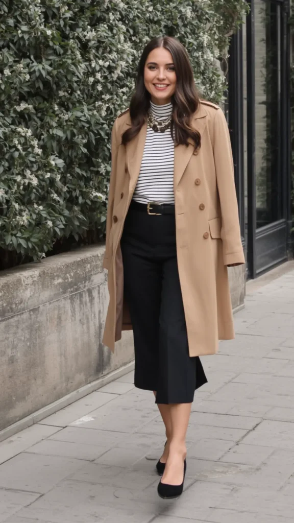 A smiling woman walking along a city sidewalk wearing an elegant street-style outfit for a women's fashion Capsule Wardrobe. She wears a classic camel trench coat draped over her shoulders, paired with a black-and-white striped turtleneck, a statement necklace, and high-waisted cropped black trousers with a gold-buckled belt. Finished with black pointed-toe pumps, this look offers an ideal visual guide for chic autumn layering, Parisian-inspired workwear, and minimalist closet essentials.