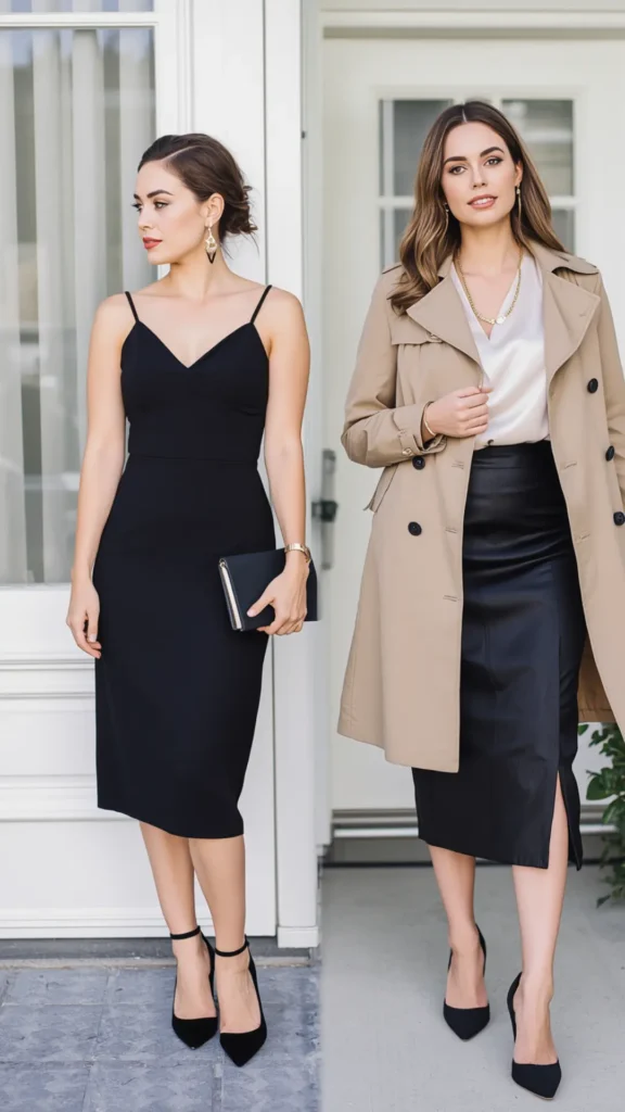 A side-by-side photo comparison featuring two chic, sophisticated outfits for a women's fashion Capsule Wardrobe. The left look showcases a timeless black spaghetti-strap V-neck midi dress paired with a black clutch and ankle-strap pumps for evening elegance. The right look highlights a classic beige trench coat layered over a white satin blouse, black leather midi skirt with a slit, and pointed heels. An ideal visual guide for versatile day-to-night style and minimalist closet essentials.