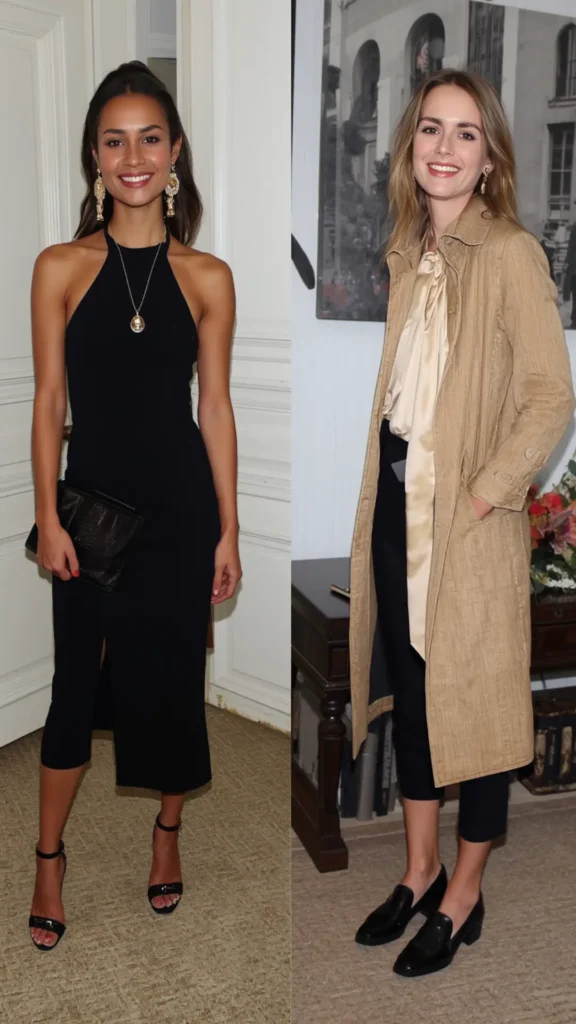 A two-panel photo collage showcasing elegant evening and smart-casual outfit ideas for a women's fashion Capsule Wardrobe. The left side features a sophisticated black halter midi dress paired with black heel sandals and a clutch bag. The right side shows a chic tan trench coat layered over a cream tie-neck blouse, cropped black trousers, and black leather loafers. An ideal visual guide for day-to-night outfit transitions, minimalist style, and elevated staple pieces.