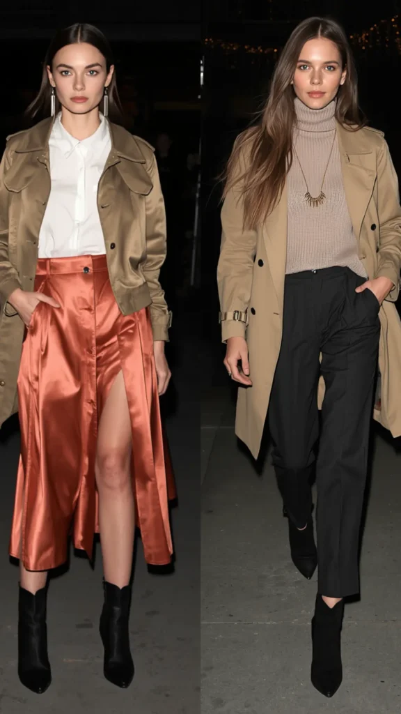 A side-by-side image comparison showcasing chic evening looks for a women's fashion Capsule Wardrobe. On the left, a model wears a cropped tan jacket, white button-down shirt, rust-orange satin slit midi skirt, and black heeled boots. On the right, she wears a classic camel trench coat over a ribbed beige turtleneck, black tailored trousers, and pointed booties. An ideal visual guide for versatile trench coat styling, elegant night-out outfit formulas, and elevated neutral staples.