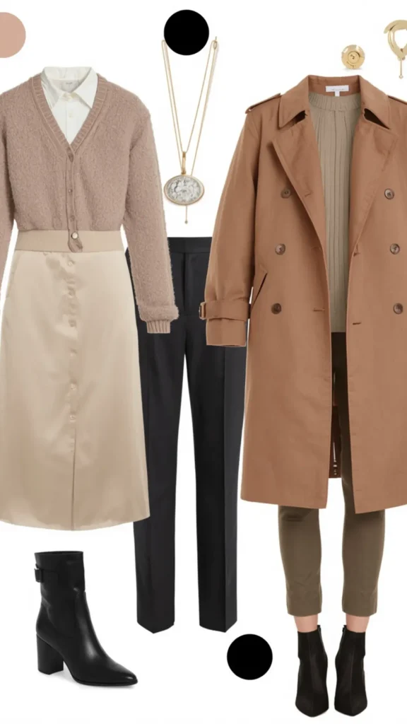 A Pinterest flat lay graphic showcasing dressy evening outfit ideas for a women's fashion Capsule Wardrobe. Set on a white background, it features neutral layered ensembles: a fuzzy taupe cardigan layered over a collared white shirt and champagne satin midi skirt, sleek black trousers paired with a gold pendant necklace, and a classic camel trench coat styled over a ribbed sweater and tailored pants. Complete with black leather ankle boots and gold earrings for an elegant, elevated style.