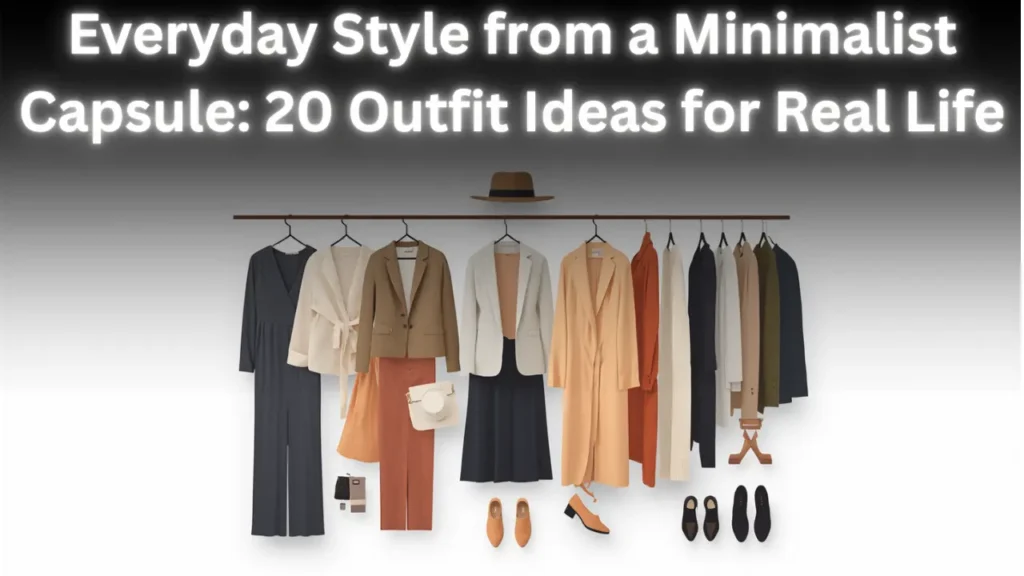 A Pinterest pin graphic titled "Everyday Style from a Minimalist Capsule: 20 Outfit Ideas for Real Life" featuring an organized clothing rack for a women's fashion Capsule Wardrobe. Displayed are versatile neutral and warm-toned pieces, including a dark jumpsuit, structured blazers, a camel trench coat, terracotta pants, a navy skirt, and chic outerwear. Accessories like a brown wide-brim hat, white handbag, tan loafers, and black flats complement the collection for effortless outfit planning.