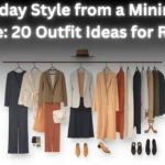 A Pinterest pin graphic titled "Everyday Style from a Minimalist Capsule: 20 Outfit Ideas for Real Life" featuring an organized clothing rack for a women's fashion Capsule Wardrobe. Displayed are versatile neutral and warm-toned pieces, including a dark jumpsuit, structured blazers, a camel trench coat, terracotta pants, a navy skirt, and chic outerwear. Accessories like a brown wide-brim hat, white handbag, tan loafers, and black flats complement the collection for effortless outfit planning.