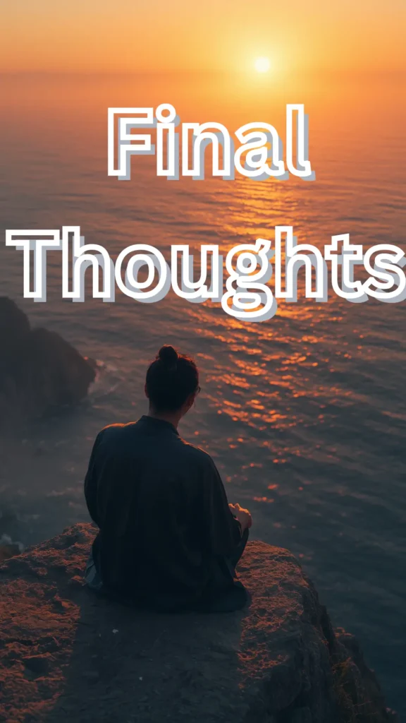 A scenic Pinterest pin graphic with large white outlined text reading "Final Thoughts". Set against a tranquil sunset over the ocean, a person sits peacefully on a rocky cliff edge, bathed in warm golden light. Designed as a reflective concluding slide summarizing key takeaways and recommendations for building a women's fashion Capsule Wardrobe. An ideal visual guide for intentional living, minimalist fashion mindsets, closet organization reflection, and sustainable style strategies.