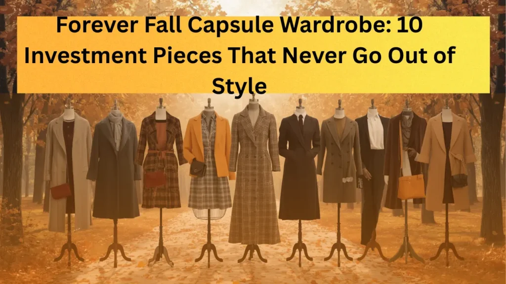 A Pinterest pin graphic with a bold yellow banner reading "Forever Fall Capsule Wardrobe: 10 Investment Pieces That Never Go Out of Style". Set against an autumn forest path lined with golden leaves, a row of ten dress mannequins showcases classic women's outerwear and outfit ensembles. Includes plaid trench coats, mustard blazers, camel coats, tailored suits, and dark coat dresses paired with leather handbags. An ideal visual guide for curating timeless seasonal wardrobe staples.