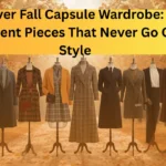 A Pinterest pin graphic with a bold yellow banner reading "Forever Fall Capsule Wardrobe: 10 Investment Pieces That Never Go Out of Style". Set against an autumn forest path lined with golden leaves, a row of ten dress mannequins showcases classic women's outerwear and outfit ensembles. Includes plaid trench coats, mustard blazers, camel coats, tailored suits, and dark coat dresses paired with leather handbags. An ideal visual guide for curating timeless seasonal wardrobe staples.