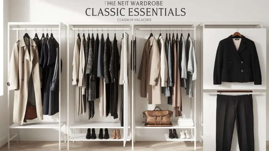 A Pinterest graphic displaying a bright, minimalist open closet system with timeless essentials for a women's fashion Capsule Wardrobe. The white clothing racks display beige trench coats, dark blazers, and knits on dark hangers, with organized footwear and leather handbags neatly arranged below. A tailored black suit is displayed on the right wall. An ideal visual reference for minimalist closet organization, aesthetic wardrobe planning, and versatile neutral staples.