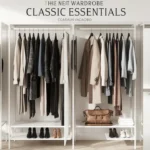 A Pinterest graphic displaying a bright, minimalist open closet system with timeless essentials for a women's fashion Capsule Wardrobe. The white clothing racks display beige trench coats, dark blazers, and knits on dark hangers, with organized footwear and leather handbags neatly arranged below. A tailored black suit is displayed on the right wall. An ideal visual reference for minimalist closet organization, aesthetic wardrobe planning, and versatile neutral staples.