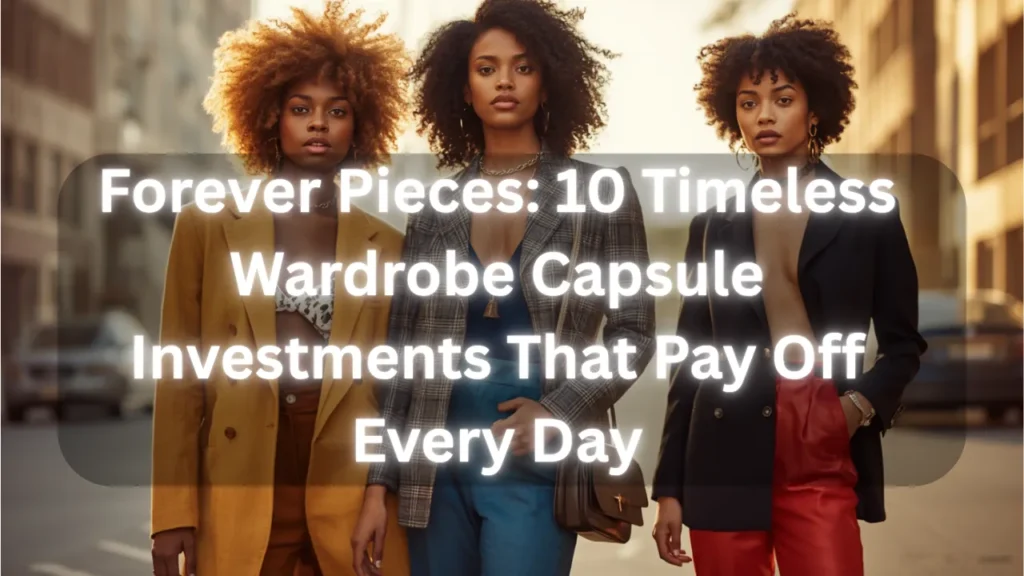 A Pinterest pin graphic featuring a dark overlay with white text: "Forever Pieces: 10 Timeless Wardrobe Capsule Investments That Pay Off Every Day." Behind the text, three stylish women stand on a sunny city street, showcasing chic women's fashion Capsule Wardrobe essentials. They wear tailored blazers in mustard yellow, classic plaid, and sharp black. Perfect visual inspiration for building a versatile, powerful, and timeless closet with classic statement pieces and smart layering.