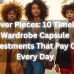A Pinterest pin graphic featuring a dark overlay with white text: "Forever Pieces: 10 Timeless Wardrobe Capsule Investments That Pay Off Every Day." Behind the text, three stylish women stand on a sunny city street, showcasing chic women's fashion Capsule Wardrobe essentials. They wear tailored blazers in mustard yellow, classic plaid, and sharp black. Perfect visual inspiration for building a versatile, powerful, and timeless closet with classic statement pieces and smart layering.