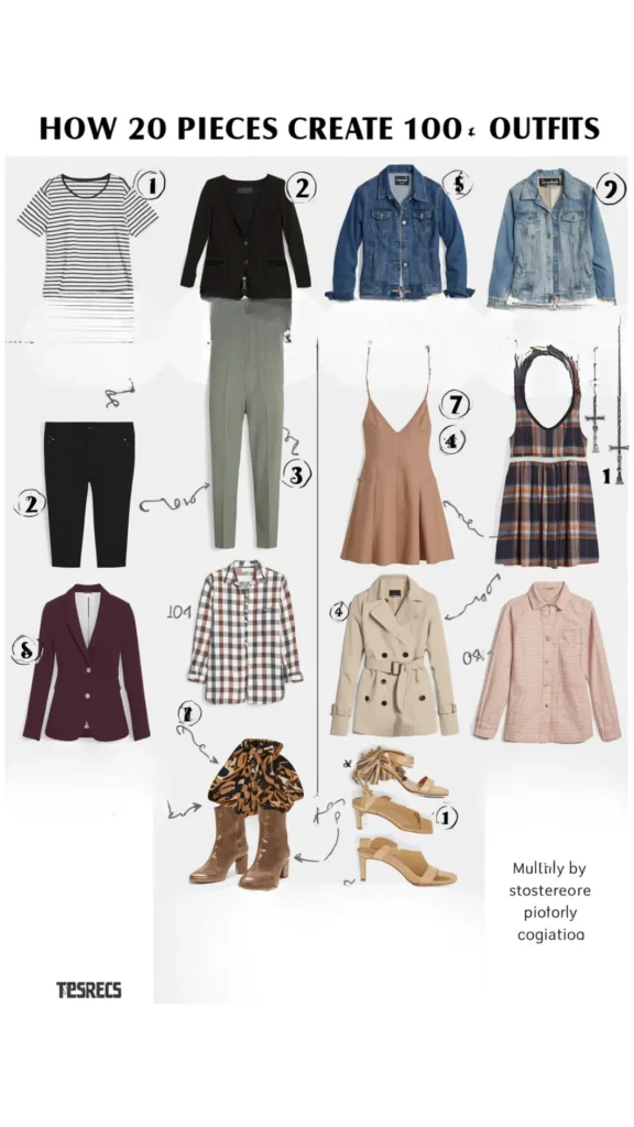 A Pinterest pin graphic titled "HOW 20 PIECES CREATE 100+ OUTFITS" displaying a numbered flat-lay breakdown for a women's fashion Capsule Wardrobe. Arranged on a white background are versatile style staples, including a striped tee, denim jackets, a burgundy blazer, olive trousers, plaid shirts, a beige trench coat, a nude dress, a plaid dress, leather boots, and strappy heels. An ideal visual guide for mixing and matching versatile clothes to maximize everyday outfit choices.