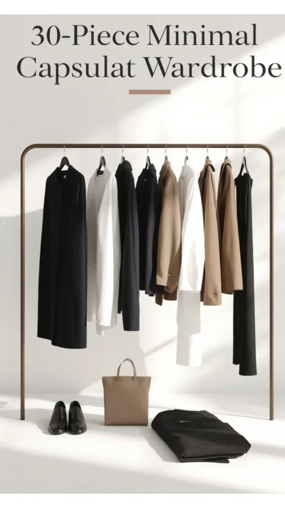 A Pinterest pin graphic titled "30-Piece Minimal Capsule Wardrobe" set in a sunlit minimalist room. Features a sleek freestanding clothing rack displaying neutral women's fashion staples, including tailored camel coats, crisp white button-down shirts, dark jackets, and black trousers. Arranged neatly on the floor beneath are black loafers, a structured beige tote bag, and folded black pants. An ideal visual guide for chic closet organization, minimalist outfit planning, and timeless style.