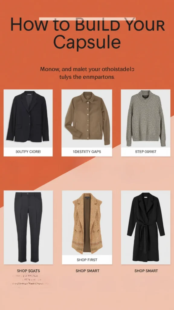 A women's fashion infographic titled "How to Build Your Capsule" on a warm terracotta background. Features a 6-piece minimal capsule wardrobe grid showcasing essential women's clothing items. Top row includes a black tailored blazer, a tan button-down jacket, and a grey chunky knit sweater. Bottom row displays black trousers, a textured sleeveless tan duster vest, and a long black wrap coat with a belt tie. Ideal visual guide for creating a versatile minimalist fashion collection.