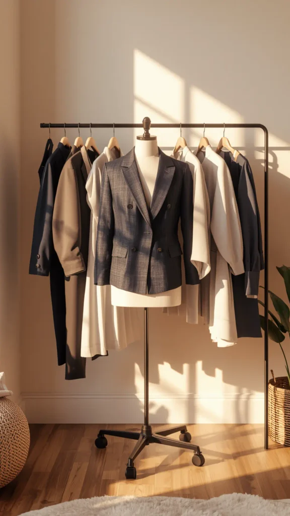 A minimalist women's fashion setup showcasing a cohesive Capsule Wardrobe. A mannequin wears a tailored charcoal plaid double-breasted blazer in a bright, sunlit room. Behind it, a sleek black clothing rack holds neutral coats, trench jackets, and crisp shirts on wooden hangers in cream, beige, navy, and black tones. Natural sunlight casts soft shadows across hardwood floors, a plush rug, and a green potted plant, creating an aesthetic, elegant, and timeless outfit visual.