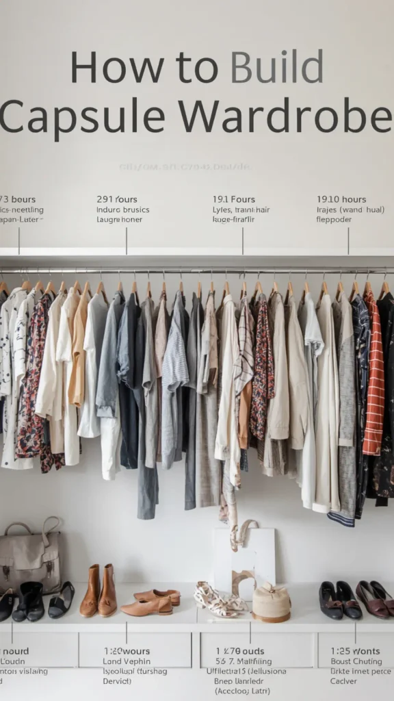 A Pinterest guide graphic titled "How to Build Capsule Wardrobe" showing a neatly organized white open closet system. The top rack features a row of women's fashion essentials on wooden hangers, including neutral t-shirts, blazers, knits, denim shirts, and jackets. Below the clothing rack, a white shelf cleanly displays curated footwear like brown ankle boots, loafers, flats, and a leather handbag. An ideal visual guide for minimalist closet organization, wardrobe planning, and timeless staples.