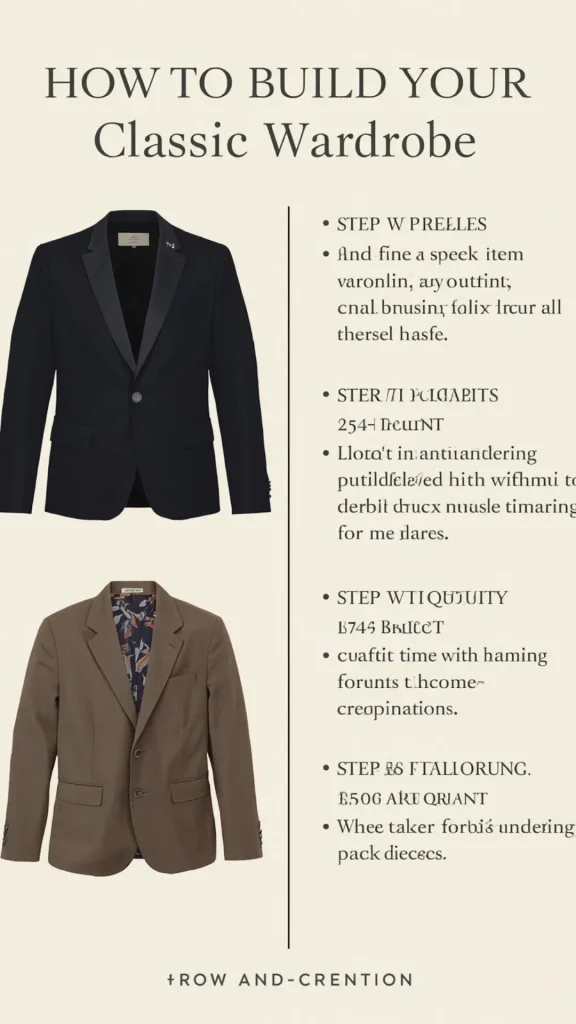 Vertical infographic header reading "HOW TO BUILD YOUR Classic Wardrobe" above a minimalist layout for a women's fashion Capsule Wardrobe. The left column displays flat-lay photos of two tailored blazers: a sleek black single-button blazer and a brown suit jacket with a patterned interior lining. The right column outlines bulleted steps against a cream background separated by a thin vertical line. An ideal visual guide for quiet luxury workwear, tailored layering, and building a chic closet foundation.