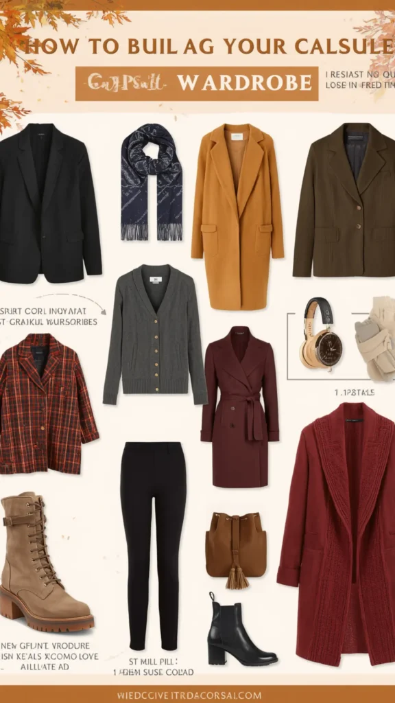 A Pinterest pin graphic featuring a top banner reading "How to Build Your Capsule Wardrobe" framed by autumn leaves. Displays a curated collection of women's fashion autumn staples on a neutral cream background: black, olive, and plaid blazers, a long mustard coat, a deep burgundy trench coat, a grey cardigan, and black slim pants. Styled with tan lace-up combat boots, black Chelsea booties, a navy scarf, and a brown suede bucket bag. An ideal visual guide for styling fall closet essentials.