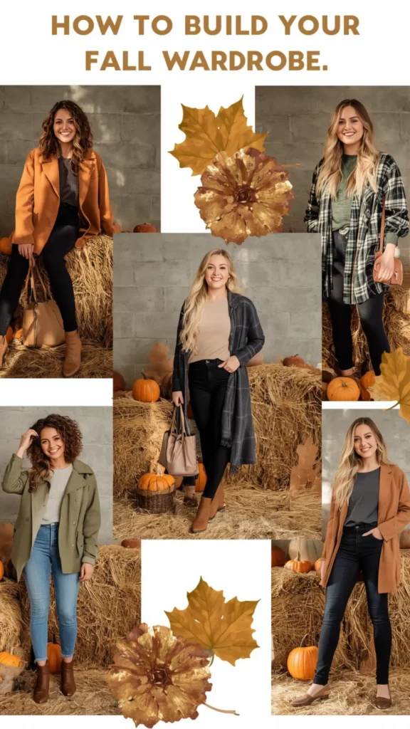 A Pinterest pin titled "HOW TO BUILD YOUR FALL WARDROBE." providing autumn outfit inspiration for a women's fashion Capsule Wardrobe. Set against a rustic backdrop of hay bales and pumpkins, five model looks showcase essential seasonal layering: camel coats, olive utility jackets, green plaid shackets, long cardigans, and denim paired with brown ankle boots. An ideal visual guide for mixing and matching cozy fall outfits and creating a timeless, minimalist closet collection.