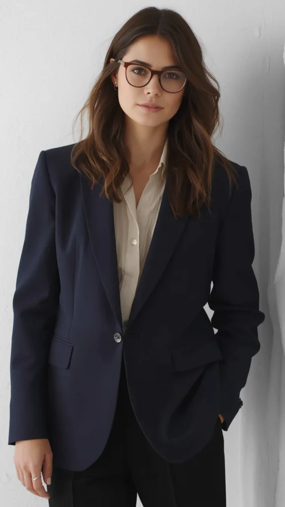 A professional portrait of a woman wearing a tailored dark navy blazer, an essential workwear piece for a women's fashion Capsule Wardrobe. Posing against a minimalist white wall, a brunette woman with eyeglasses wears a dark blue single-button suit jacket over a cream collared button-down blouse and black trousers. An ideal visual reference for modern office outfit ideas, quiet luxury workwear, smart-casual professional style, and building a versatile closet collection.