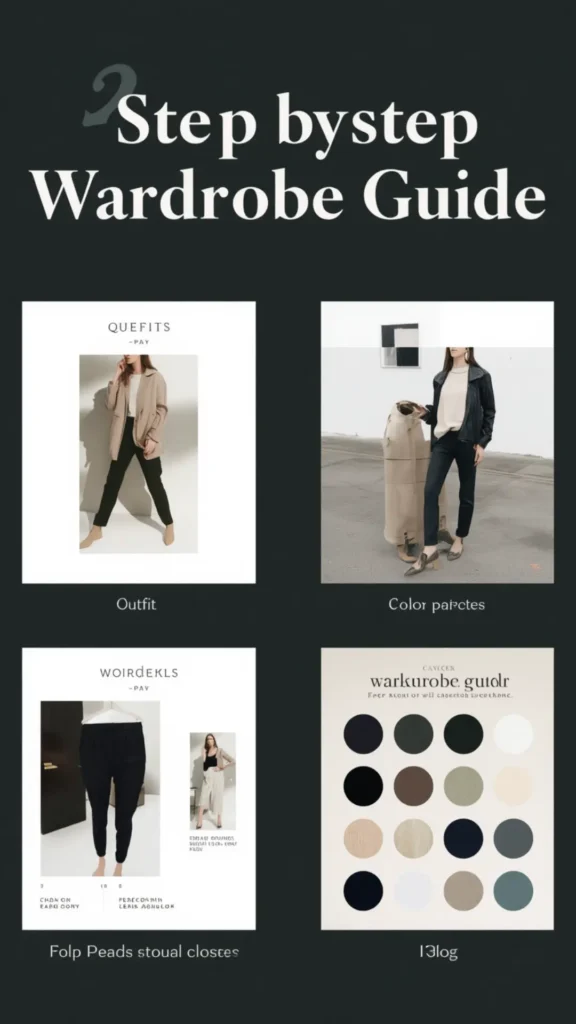 A step-by-step Capsule Wardrobe guide for women's fashion set on a dark slate background. The graphic features a four-panel grid showcasing minimalist outfit combinations, neutral color palette ideas, essential clothing pieces like blazers and dark trousers, and a muted neutral color swatch palette with shades of beige, olive, cream, and black. An ideal visual reference for building a chic, timeless, minimalist capsule wardrobe and planning everyday aesthetic women's outfits.