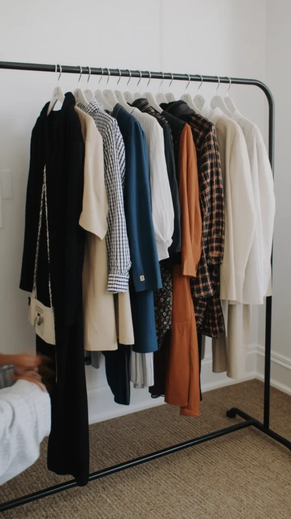 A Pinterest pin graphic showing a freestanding black garment rack filled with neutral clothing items for a women's fashion Capsule Wardrobe. Hung neatly on white hangers against a minimal white wall, the curated collection includes a long black dress with a small cream crossbody bag, a beige trench coat, a blue-and-white checkered shirt, a crisp white blouse, rust-orange tunic, plaid jacket, and ivory coats. An ideal visual guide for closet organization, minimalist wardrobe building, and outfit planning.