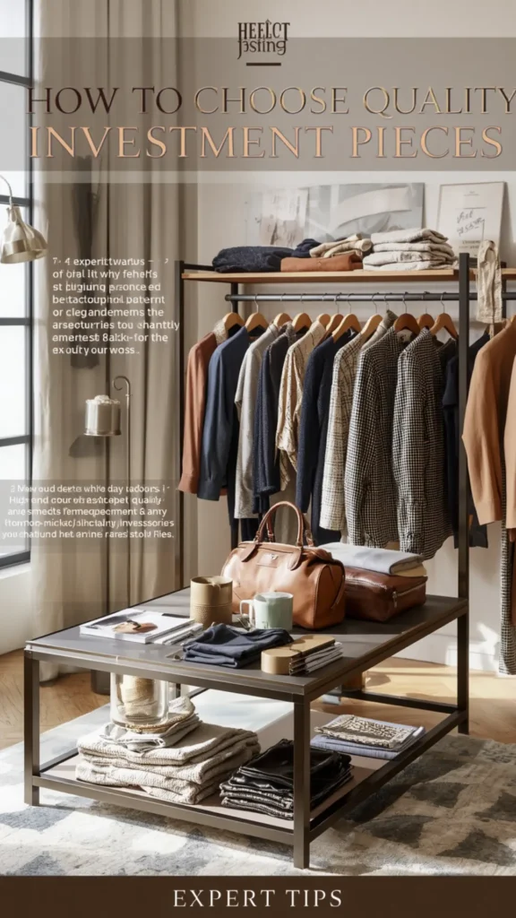 A Pinterest pin graphic titled "HOW TO CHOOSE QUALITY INVESTMENT PIECES" with "EXPERT TIPS" written at the bottom, offering guidance on building a women's fashion Capsule Wardrobe. Set in a bright, stylish dressing area, an open clothing rack is organized with high-quality neutral tops, tailored blazers, and patterned shirts on wooden hangers. A lower table displays a camel leather duffel bag, folded knitwear, and accessories. An ideal visual guide for selecting lasting fashion staples.