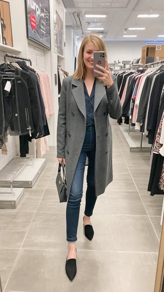 Full-body mirror selfie of a blonde woman trying on a grey coat, perfect for building an investment women's fashion Capsule Wardrobe. Standing in a clothing store aisle, she wears an open grey double-breasted mid-length trench coat over a dark blue silk button-down blouse, fitted dark denim jeans, black pointed-toe flat loafers, and holds a black handbag. An ideal visual reference for smart-casual shopping, versatile outerwear formulas, chic workwear basics, and timeless closet essentials.