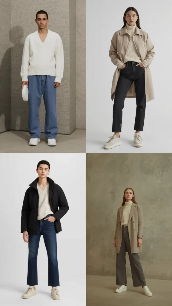 A four-panel outfit collage showcasing modern styling ideas for a seasonal Capsule Wardrobe in women's fashion. The grid features chic neutral outfits with key layering pieces: a cream v-neck sweater with blue jeans, a beige trench coat over a ribbed turtleneck and black pants, a black jacket with dark denim, and a tailored tan blazer coat paired with wide-leg grey trousers and white sneakers. An ideal visual guide for minimalist winter and fall style updates and effortless daily outfits.